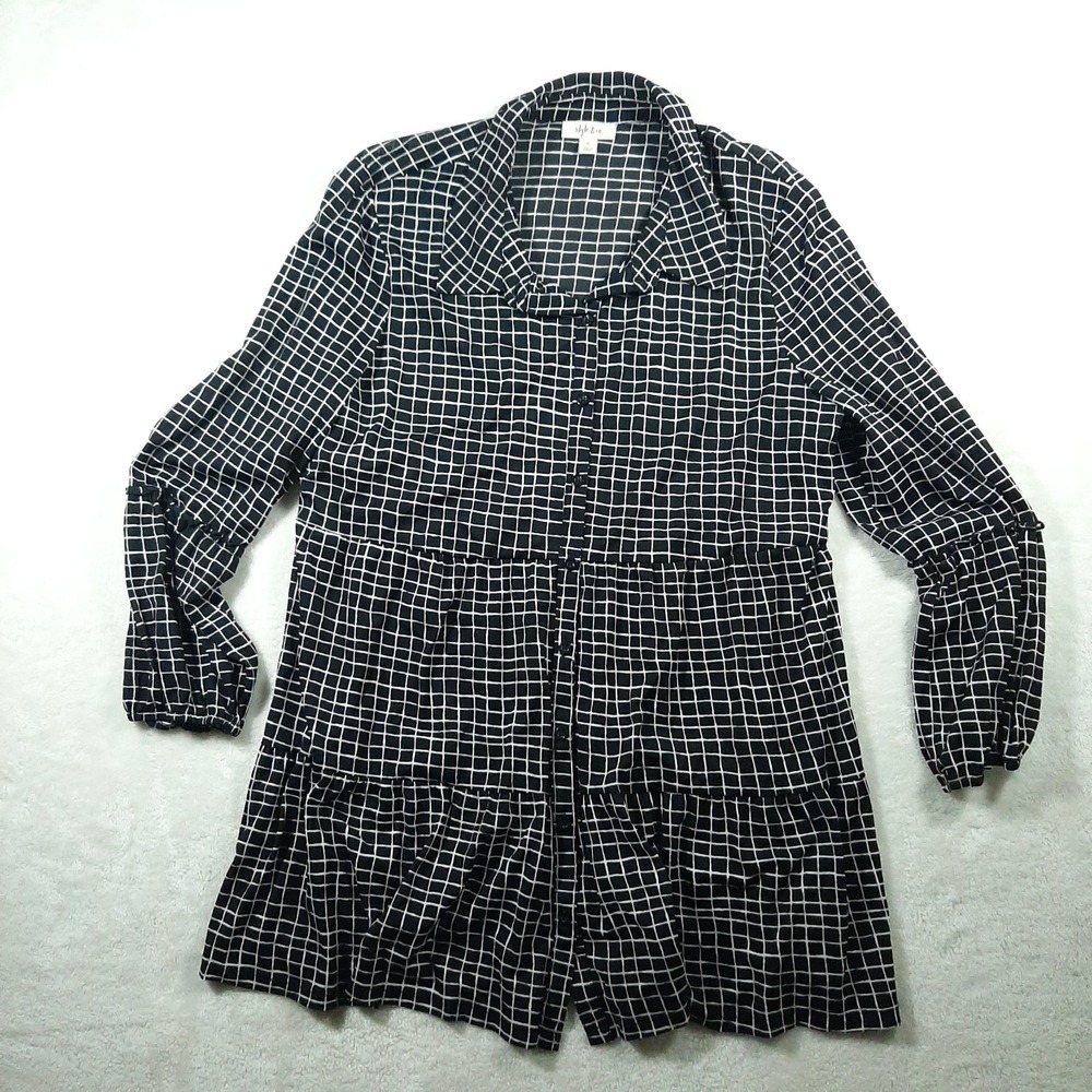 Style & Co Grid Collared Shirt Dress Black White Knee Length XL 100% Nylon